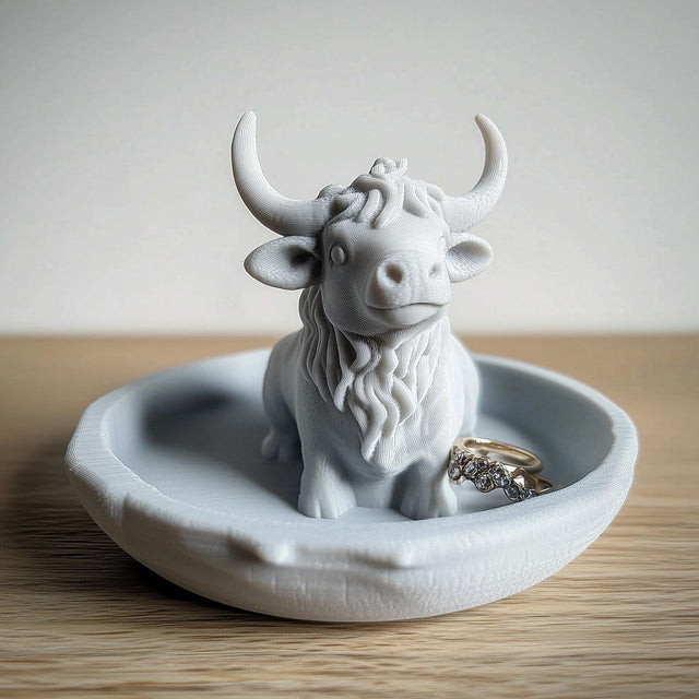 3D printed highland cow ring holder on a trinket dish, perfect for organizing jewelry in farmhouse decor.