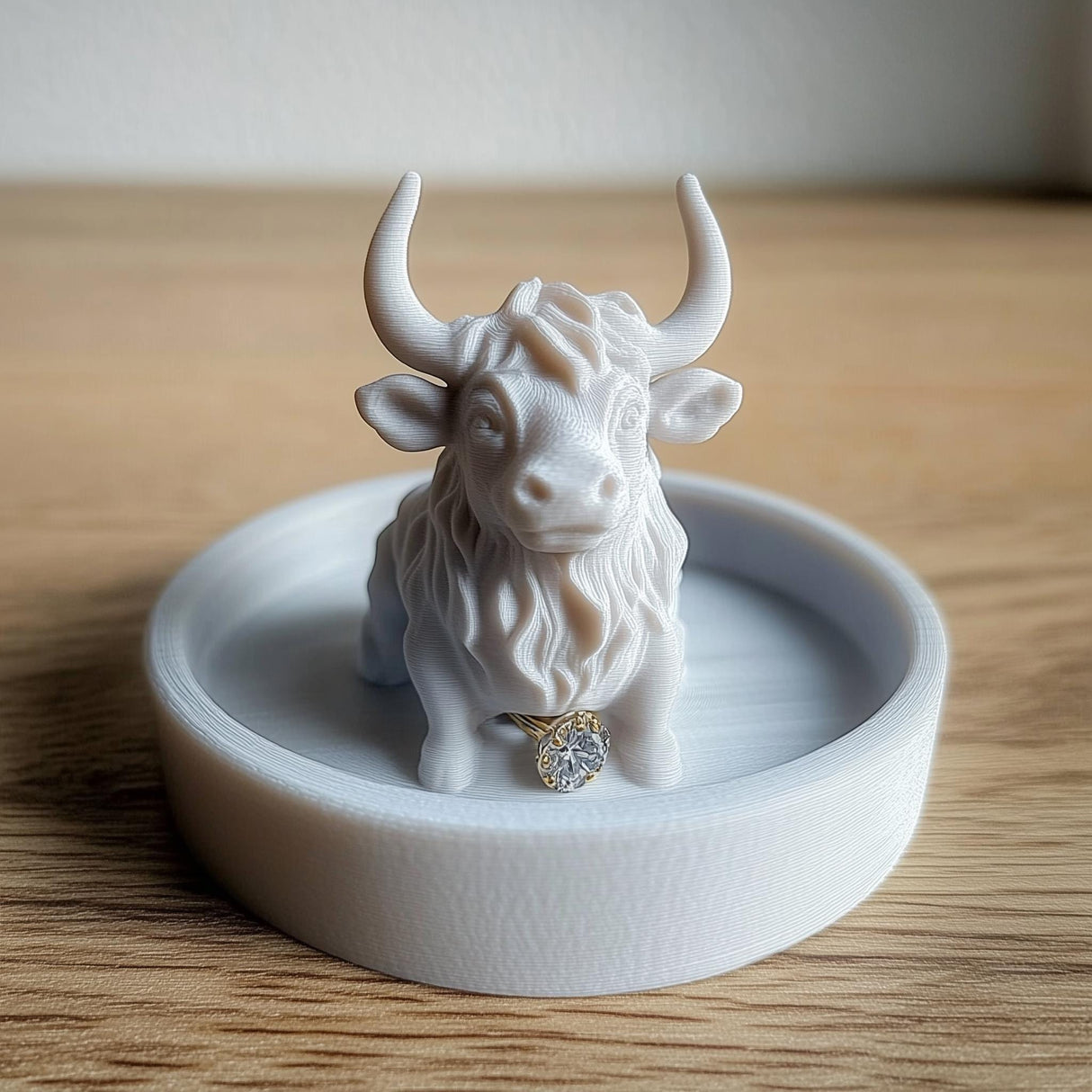 3D printed Highland cow jewelry dish holding a ring, rustic farmhouse trinket tray for organizing accessories.