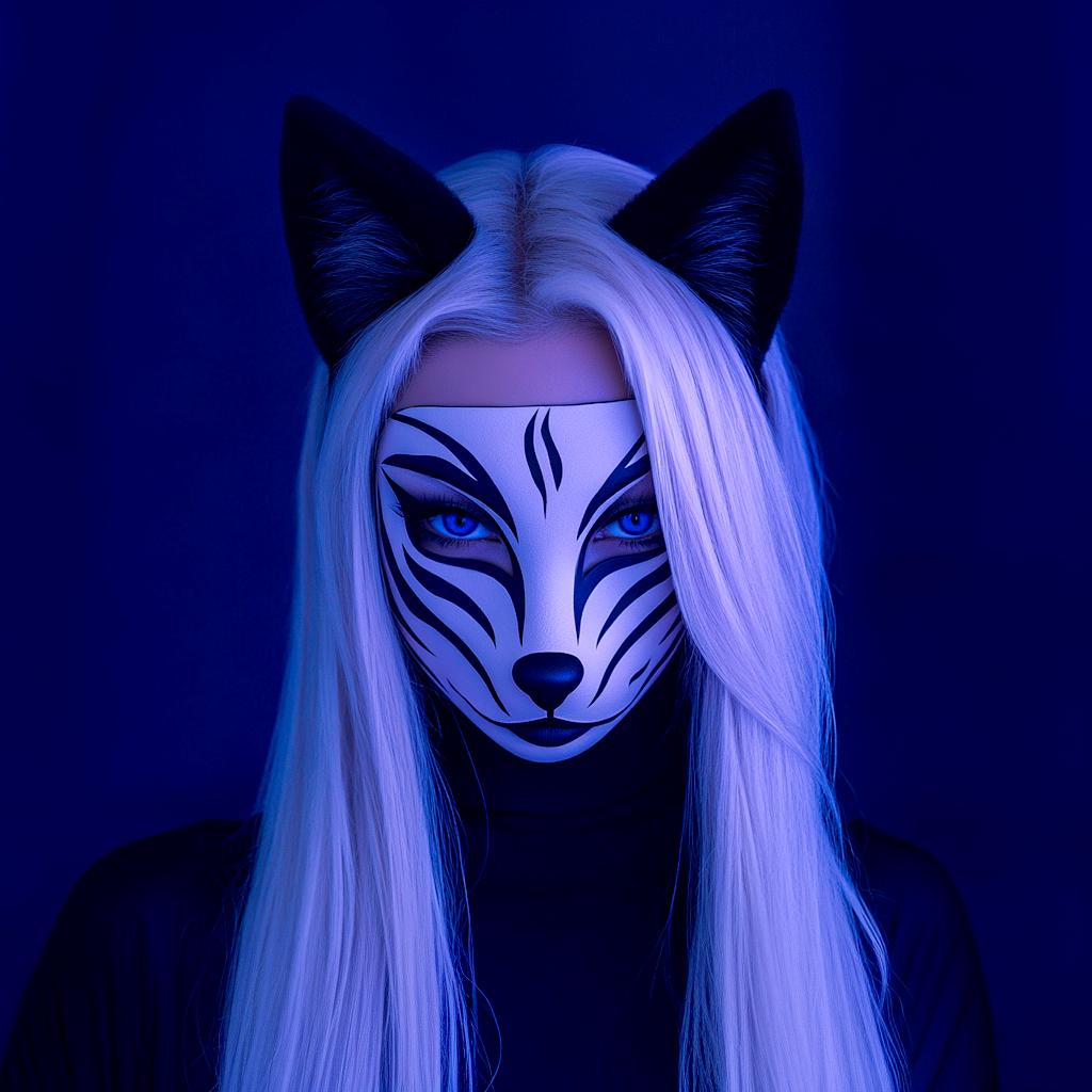 3D printed kitsune mask worn by model with long blonde hair and cat ears against a blue background