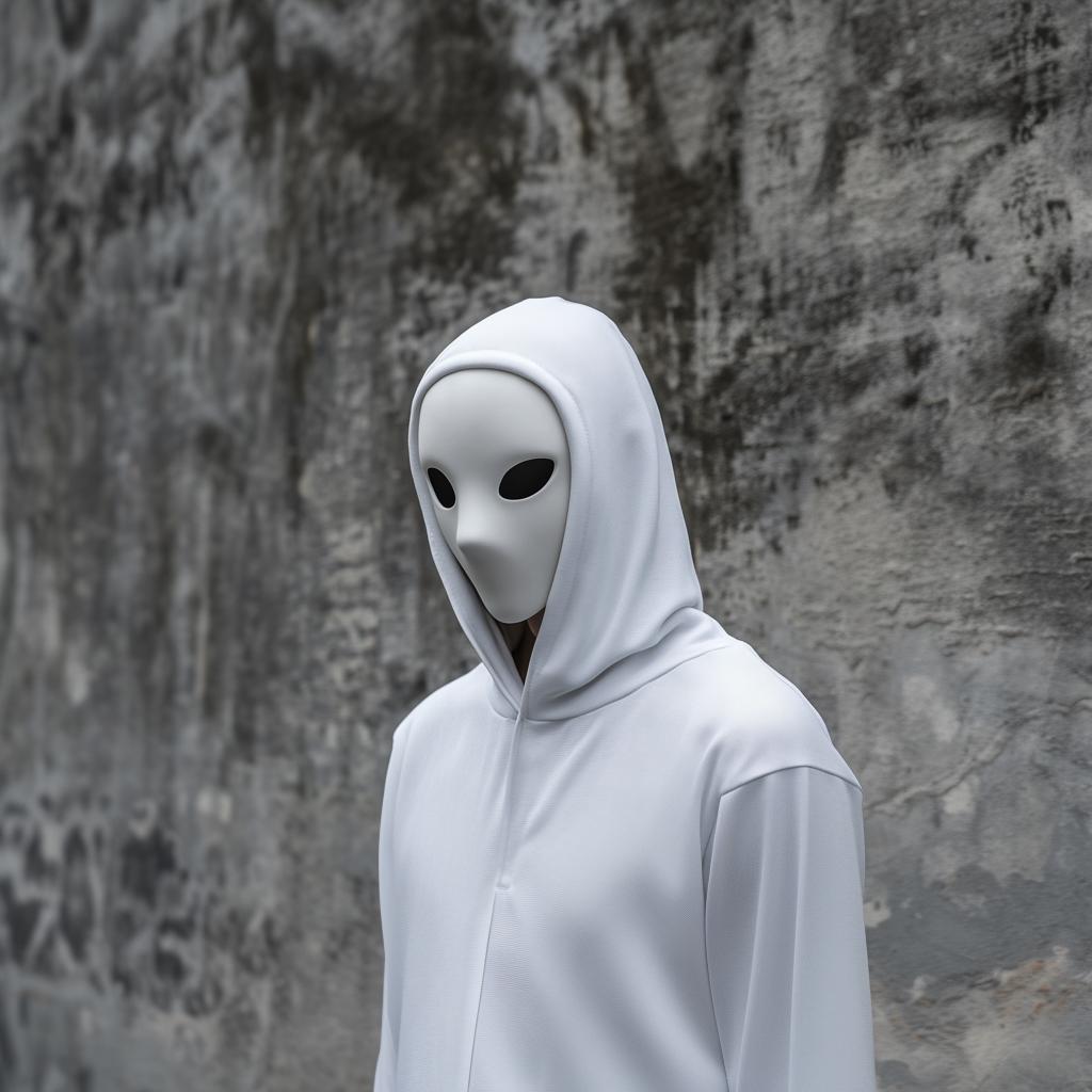 Minimalist 3D-printed faceless phantom mask worn by a person in a white hoodie against a textured wall.