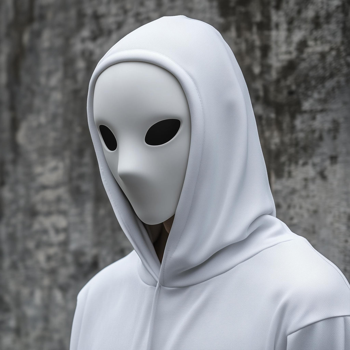 Minimalist white phantom mask worn with a hoodie, creating an eerie, faceless appearance for Halloween or cosplay.
