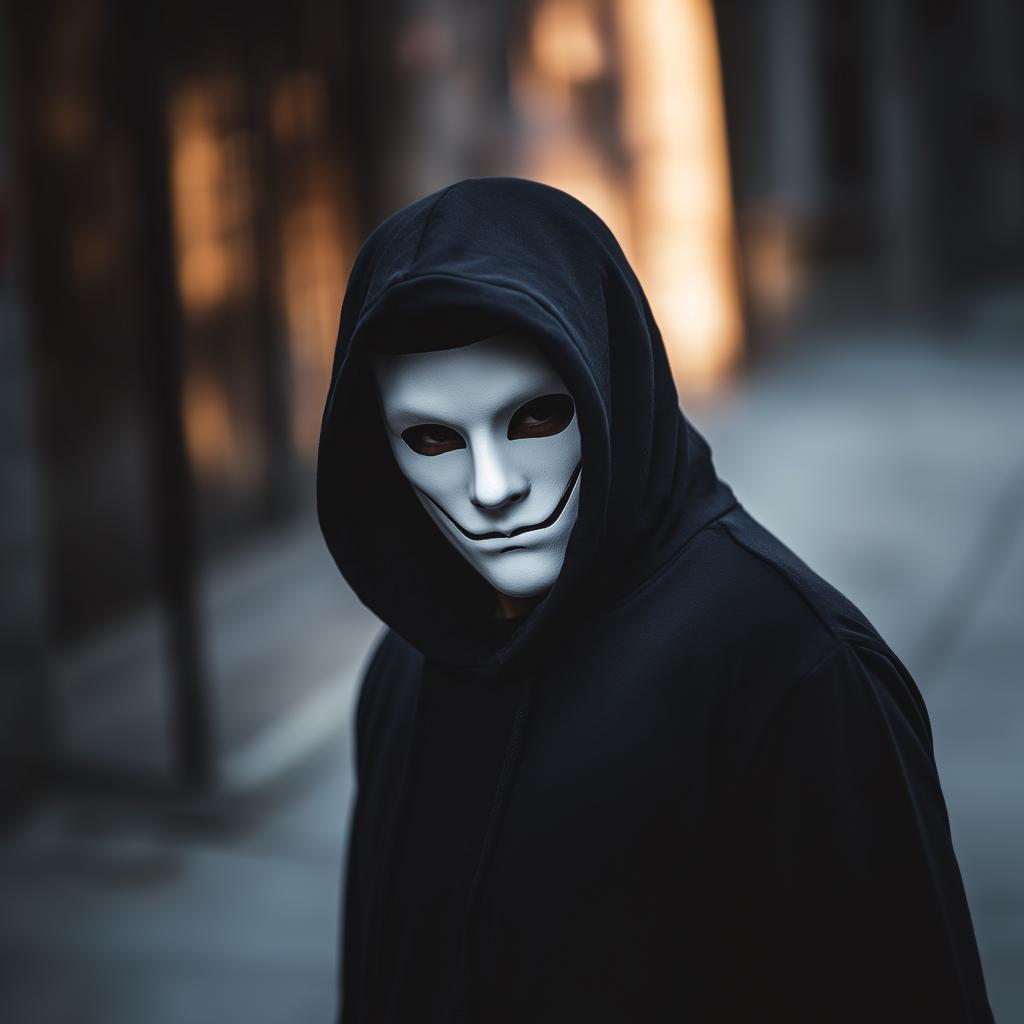 Close-up of a person wearing a sinister smiling phantom mask in a black hoodie, perfect for Halloween and cosplay.