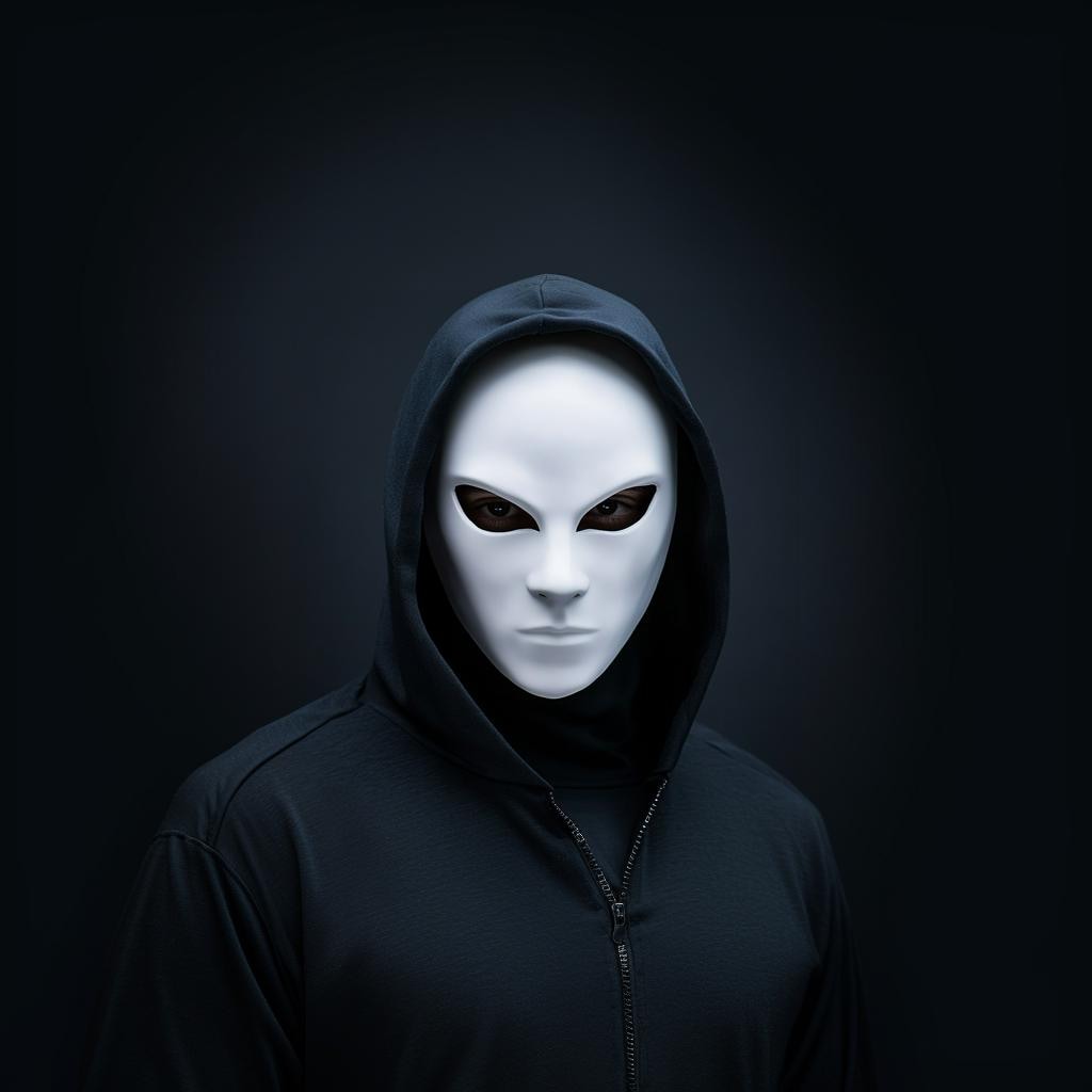 Anonymous 3D-printed cosplay mask for Halloween, featuring an eerie expressionless design with a hooded character.