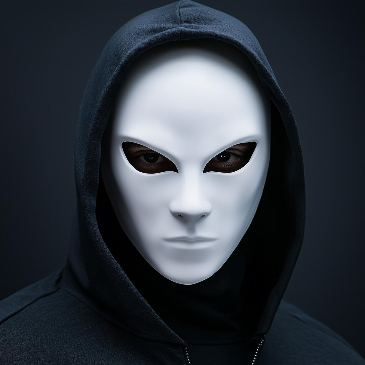 3D-printed faceless phantom mask with hoodie, ideal for cosplay and Halloween horror themes.