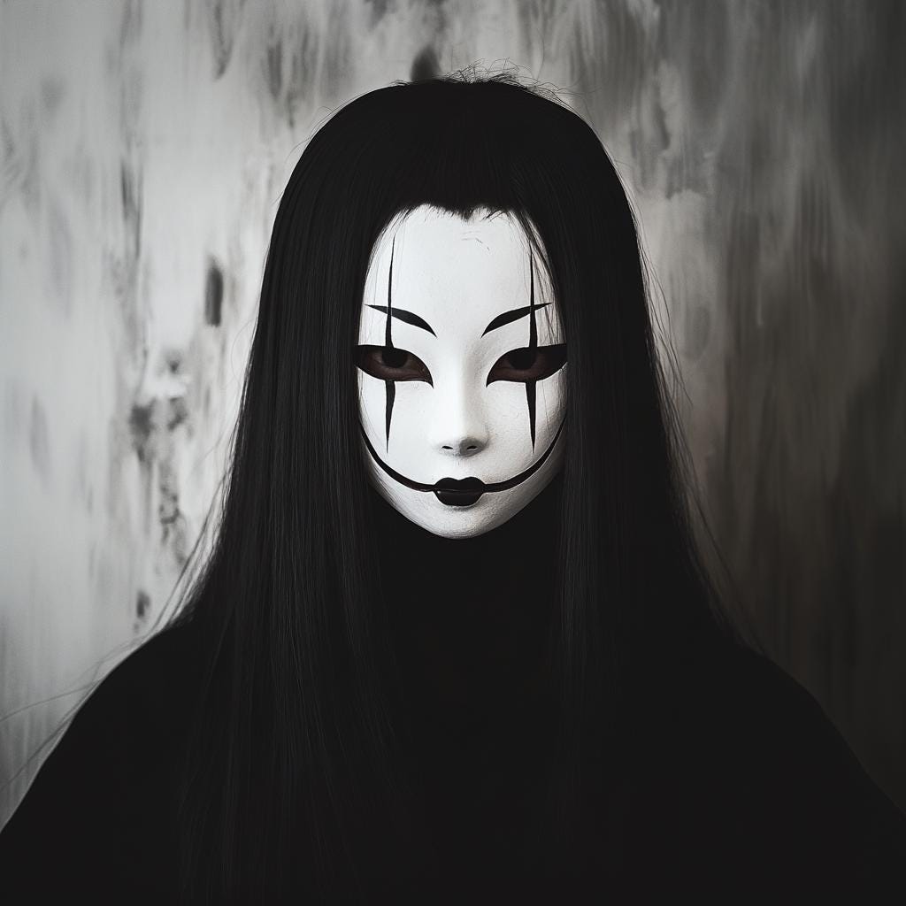 Japanese ghost spirit mask with long black hair, embodying horror aesthetics for cosplay or Halloween.