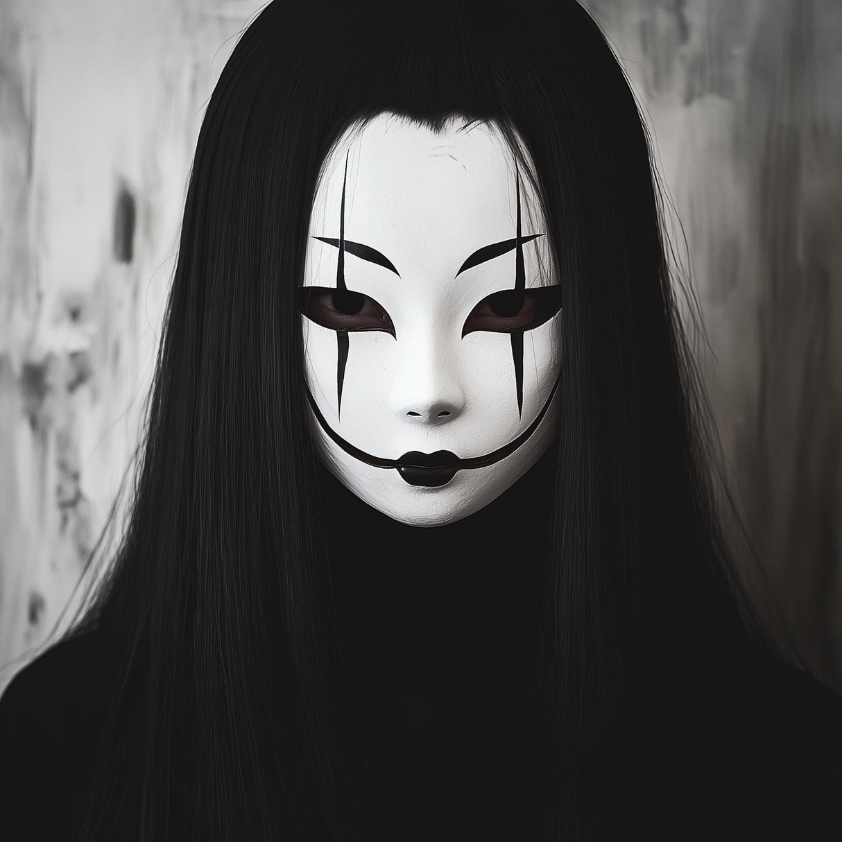 3D-printed Japanese ghost spirit mask with long black hair and haunting facial features for cosplay and Halloween.