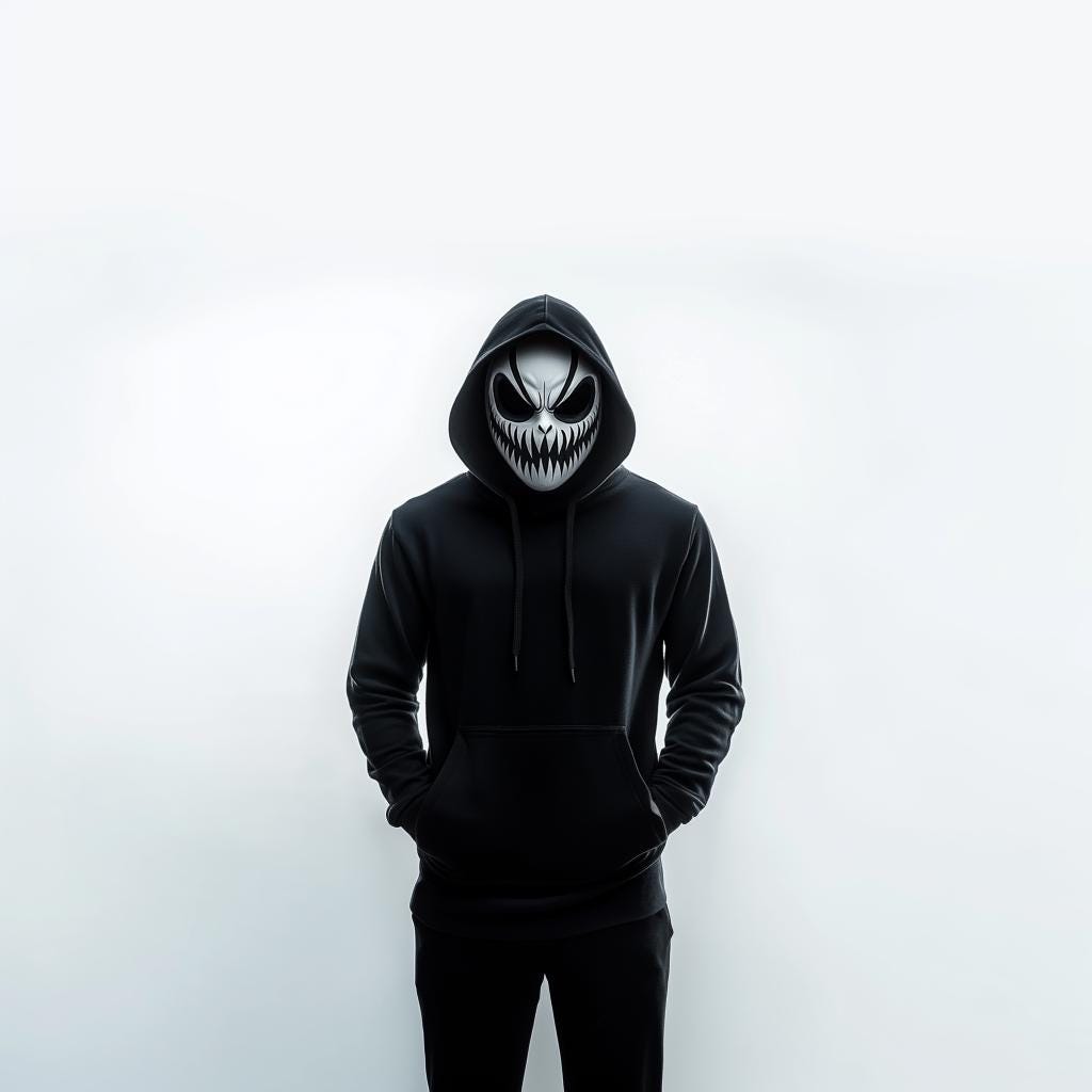 Person wearing a black hoodie with a grinning demon mask, perfect for Halloween and horror-themed events.
