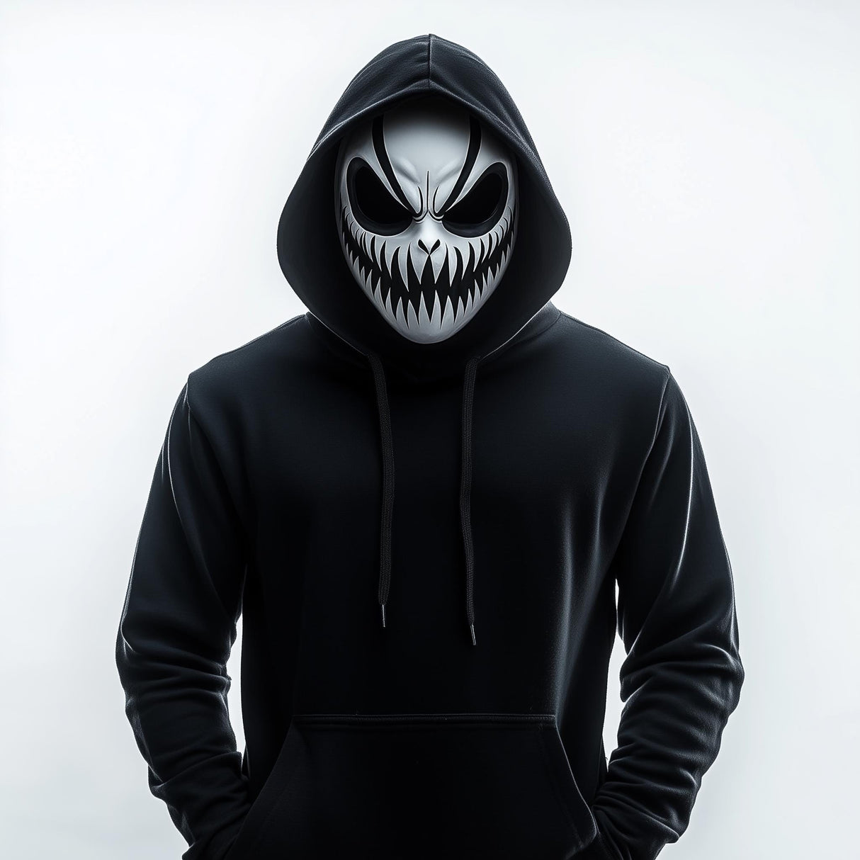 Person wearing a black hoodie and grinning demon mask, ideal for Halloween and cosplay events.