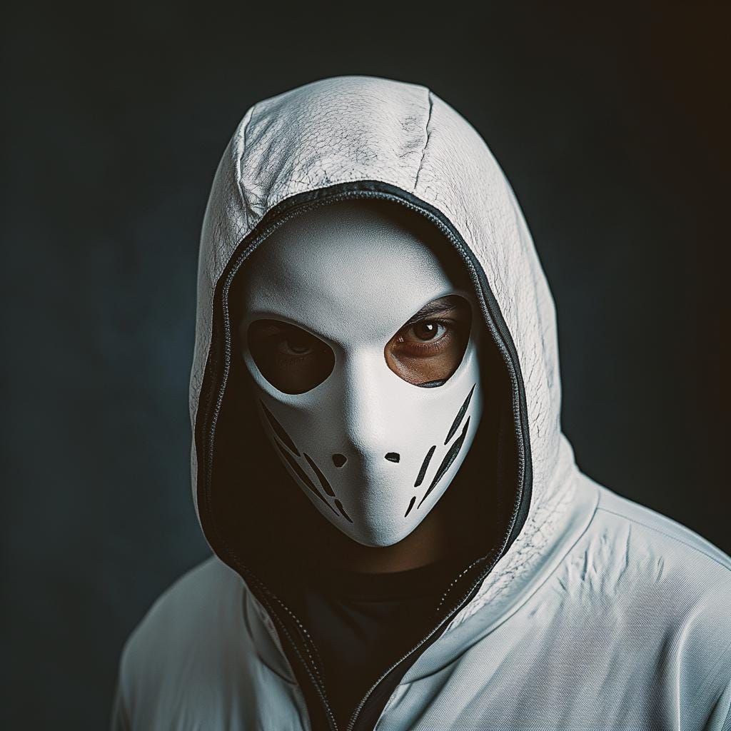 3D-printed tactical skull mask worn by a character in a hooded jacket, perfect for cosplay and Halloween.