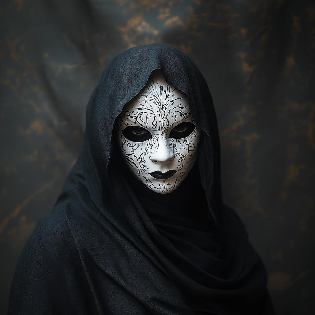 Gothic masquerade mask with intricate designs, draped in a black cloak, ideal for cosplay and dark fantasy themes.