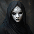 Gothic masquerade mask with intricate designs, worn with a black hood for cosplay and dark fantasy events.