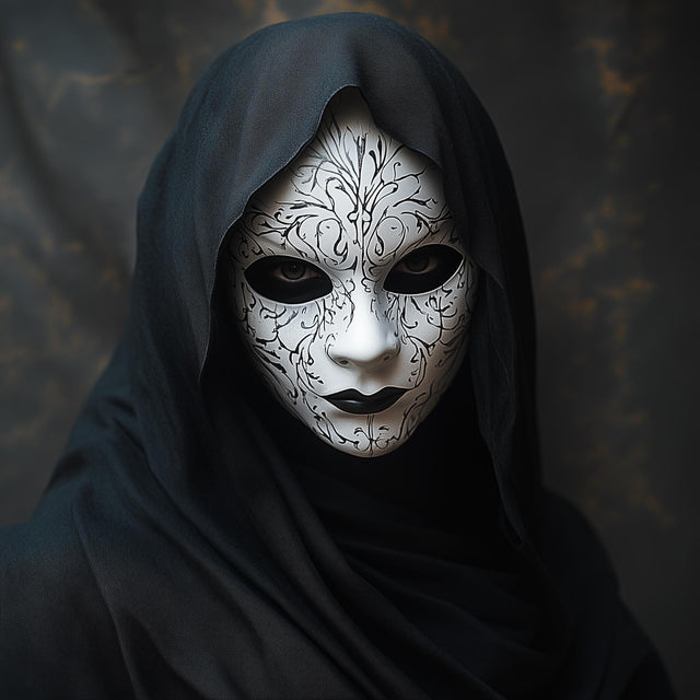 Gothic masquerade mask with intricate designs, worn with a black hood for cosplay and dark fantasy events.