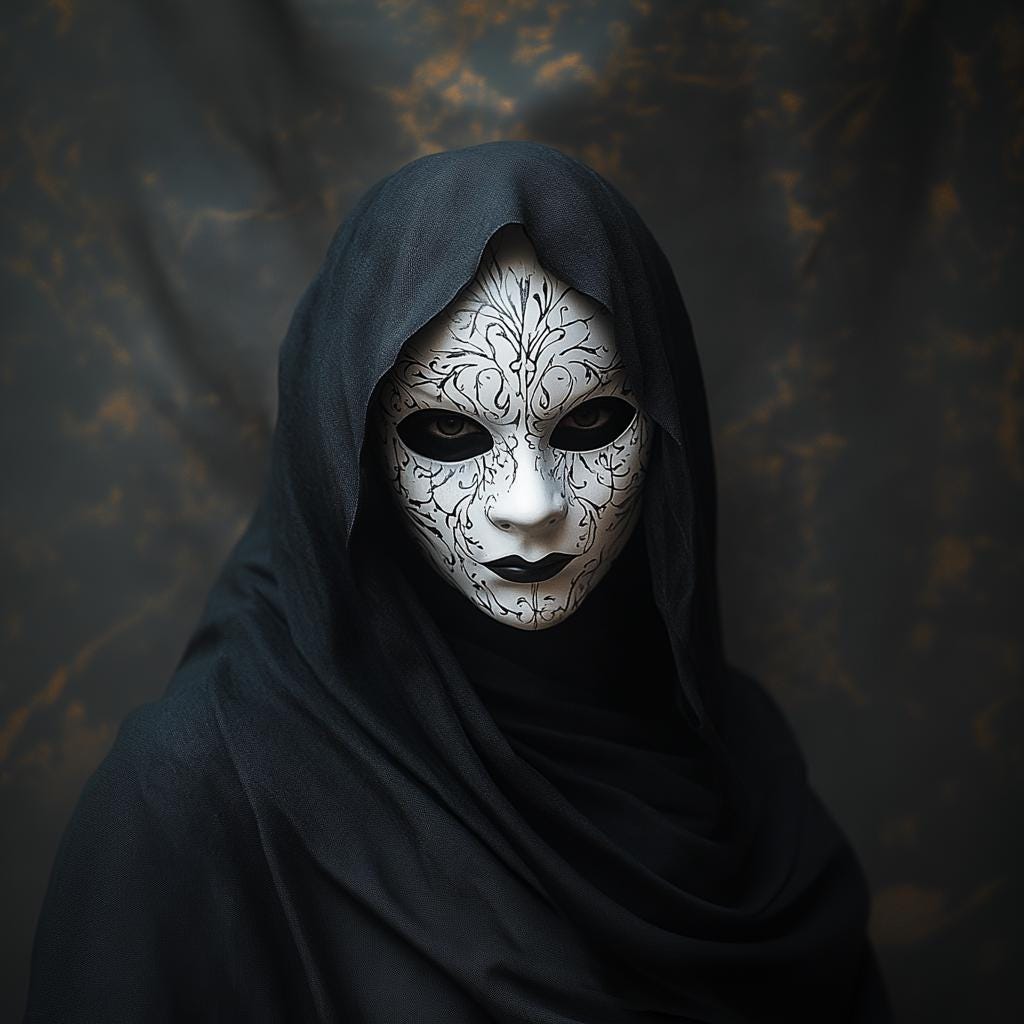 Gothic masquerade mask with intricate engravings, worn by a figure in a dark hooded cloak.