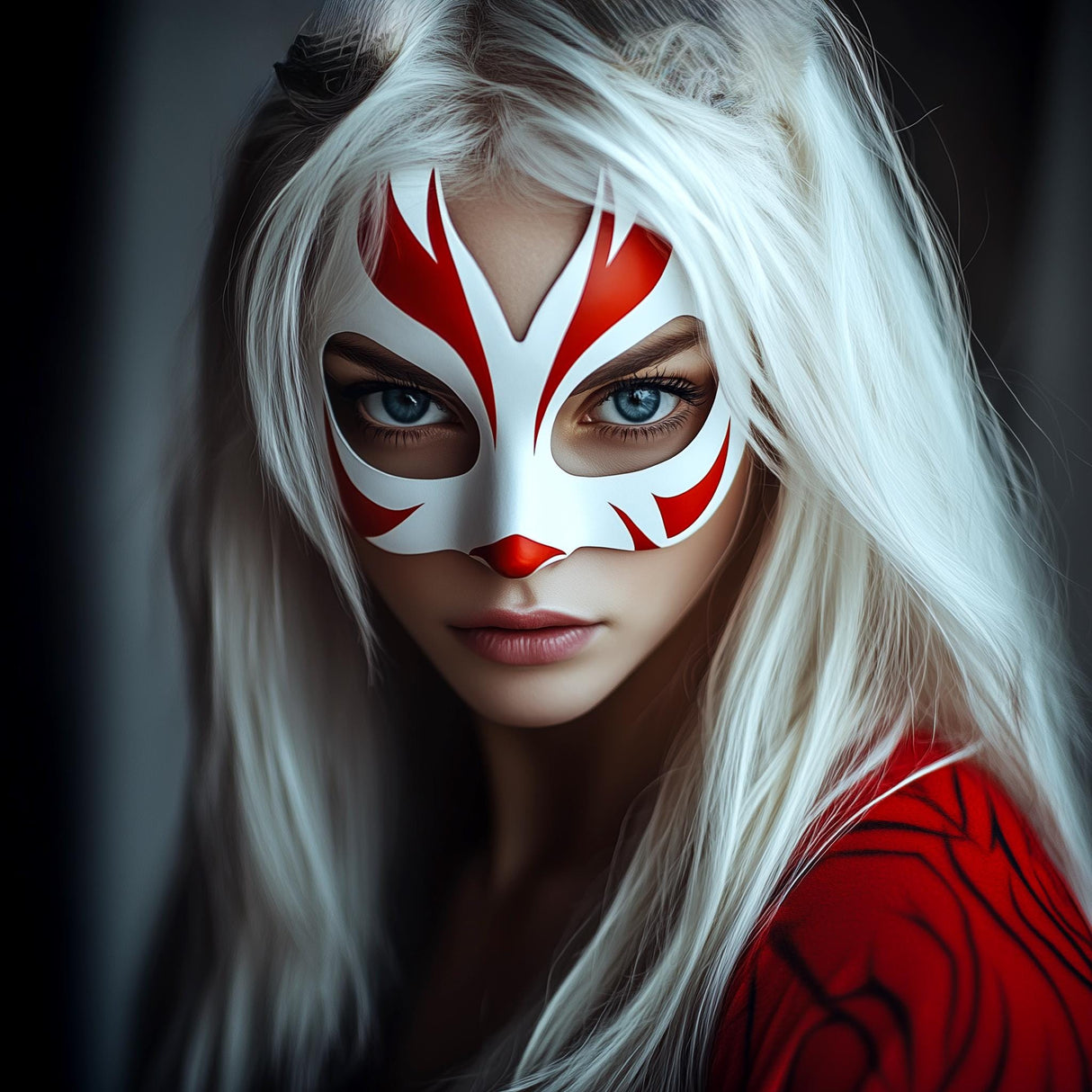 Model wearing a white and red 3D-printed Kitsune half-mask inspired by Japanese folklore and anime.