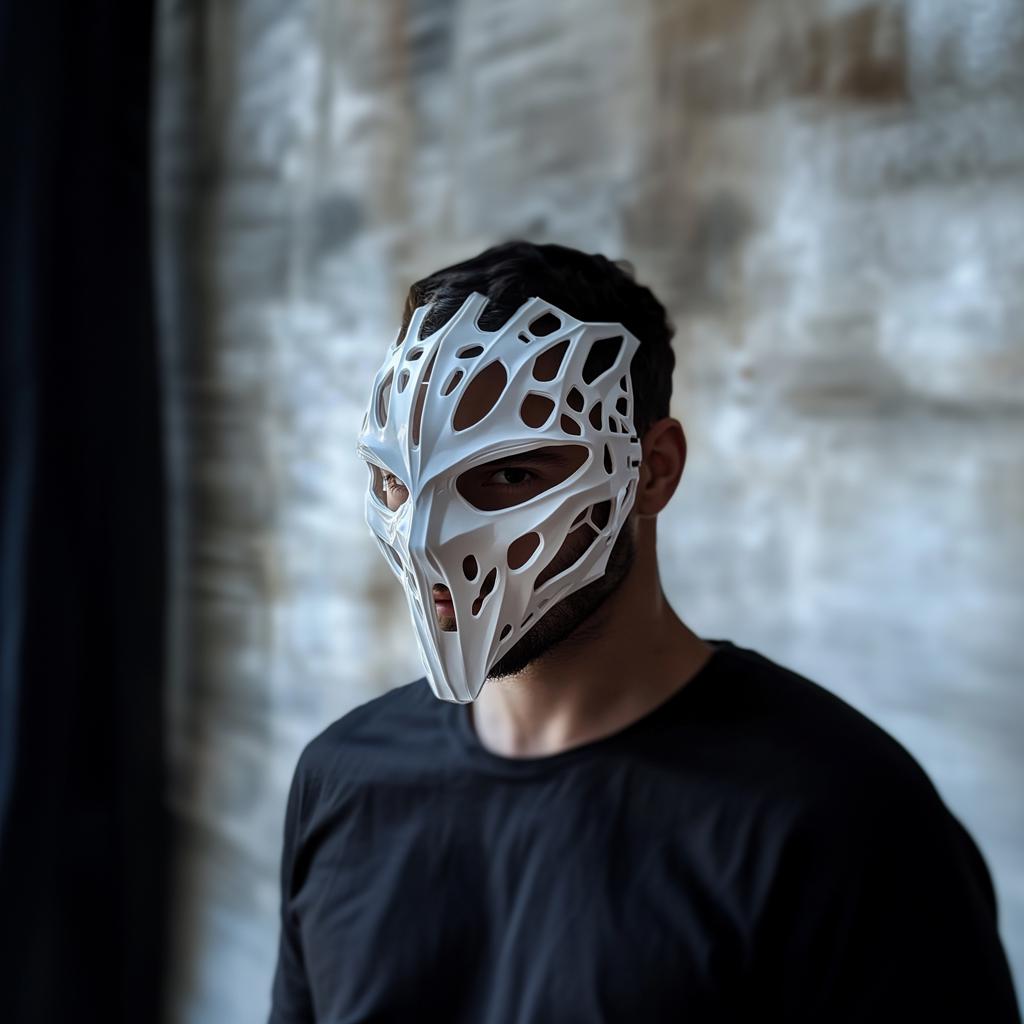 Biomorphic cyberpunk warrior mask worn by a model, featuring intricate cutout design and futuristic style.