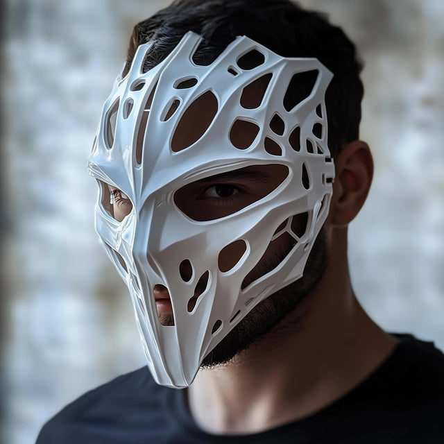 3D-printed biomorphic cyberpunk warrior mask with abstract cutout design, ideal for sci-fi and fantasy cosplay.