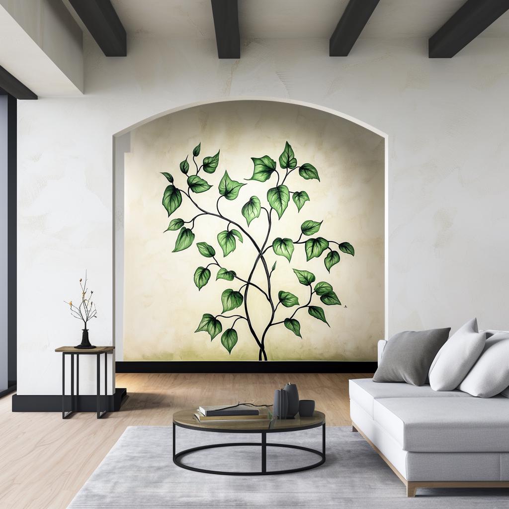 Botanical vine wall decal featuring green leaves, adding nature-inspired decor to a modern living room.
