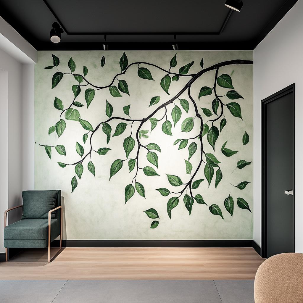 Large green leaf wall decal with realistic vines on a soft background, enhancing modern living room decor.