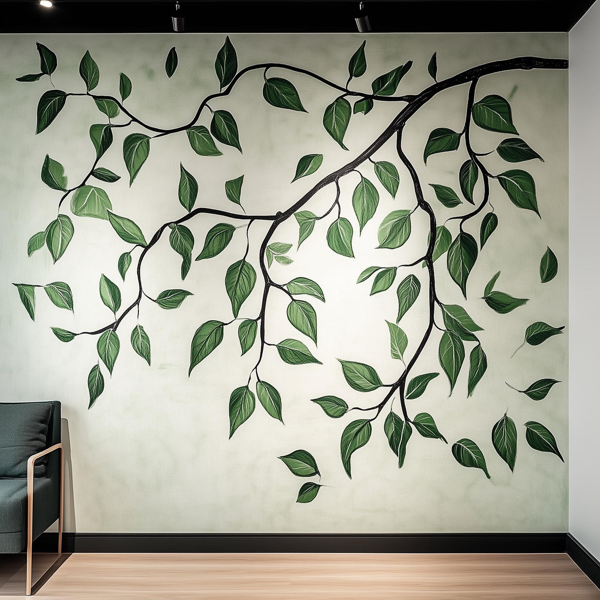 Large green leaf wall decal mural with realistic vine design in modern office, enhancing nature-inspired decor.