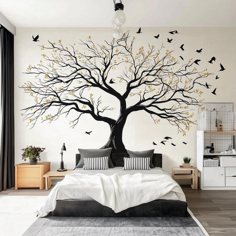 Large tree wall decal with delicate branches and gold leaves in a modern bedroom, enhancing nature-inspired decor.