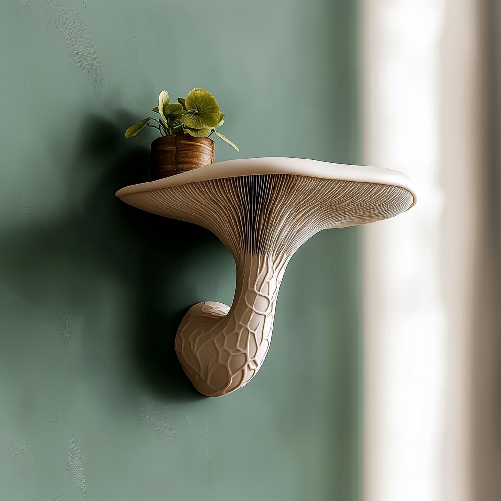 3D printed mushroom floating wall shelf with plant, showcasing organic decor and nature-inspired design.