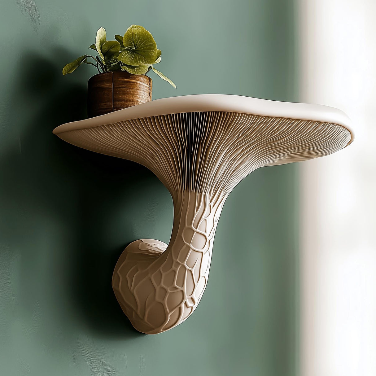 3D printed mushroom floating shelf with potted plant, showcasing organic decor and nature-inspired design.