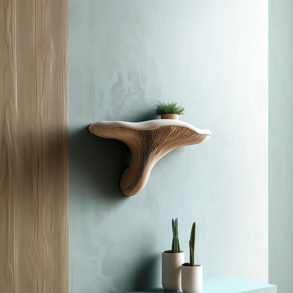 3D printed mushroom wall shelf with plant, blending nature-inspired decor and modern design.
