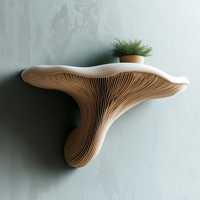 3D printed mushroom wall shelf with a modern design and a plant on top, blending nature and elegance.