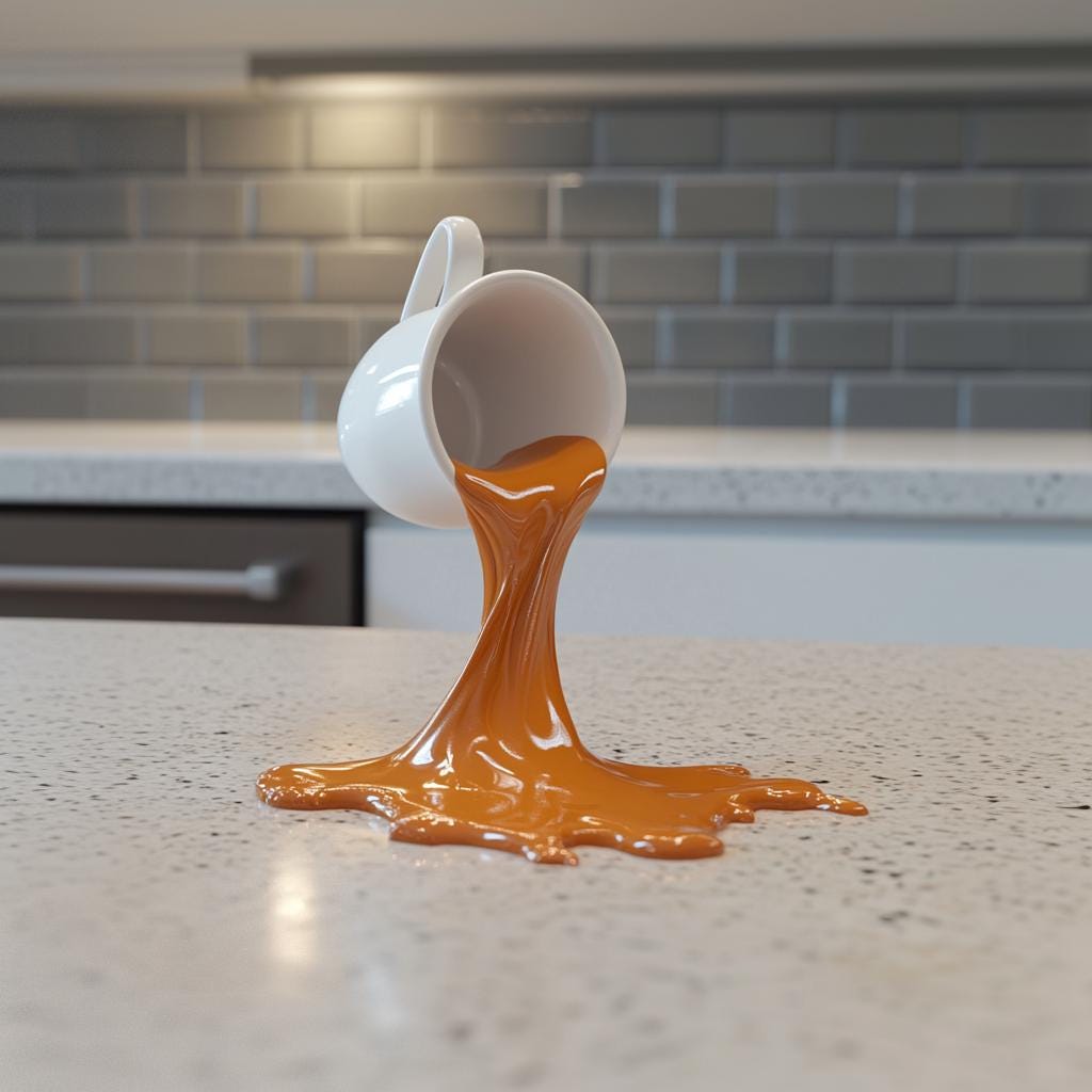 3D printed spilled espresso macchiato cup sculpture on countertop, perfect coffee lover decor.