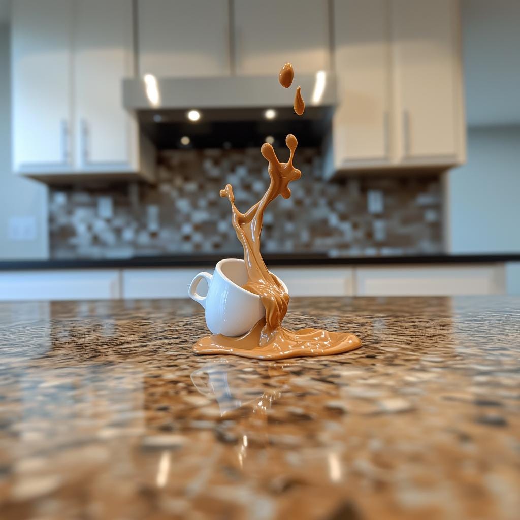 3D-printed spilled coffee cup sculpture with espresso splash on a kitchen countertop