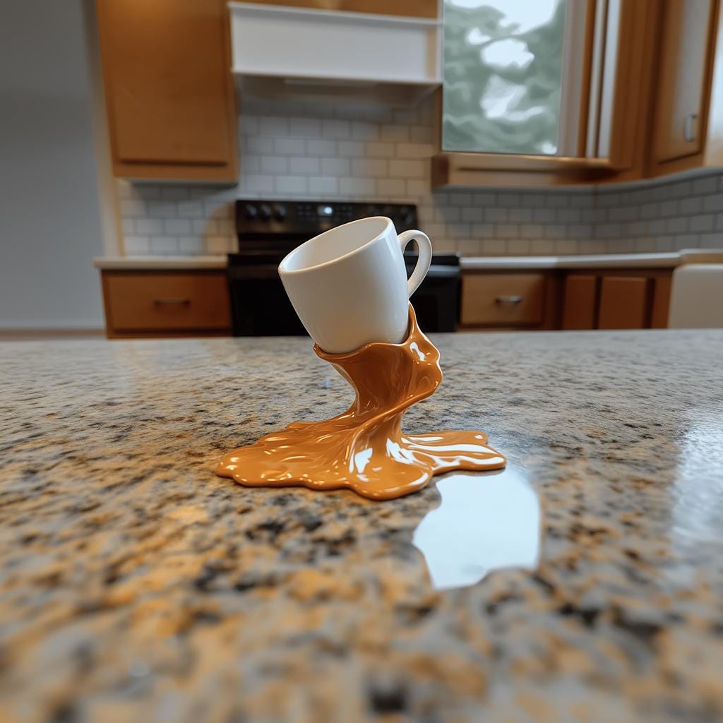 3D-printed coffee cup holder with realistic spilled coffee effect on kitchen counter, unique barista gift and kitchen decor.