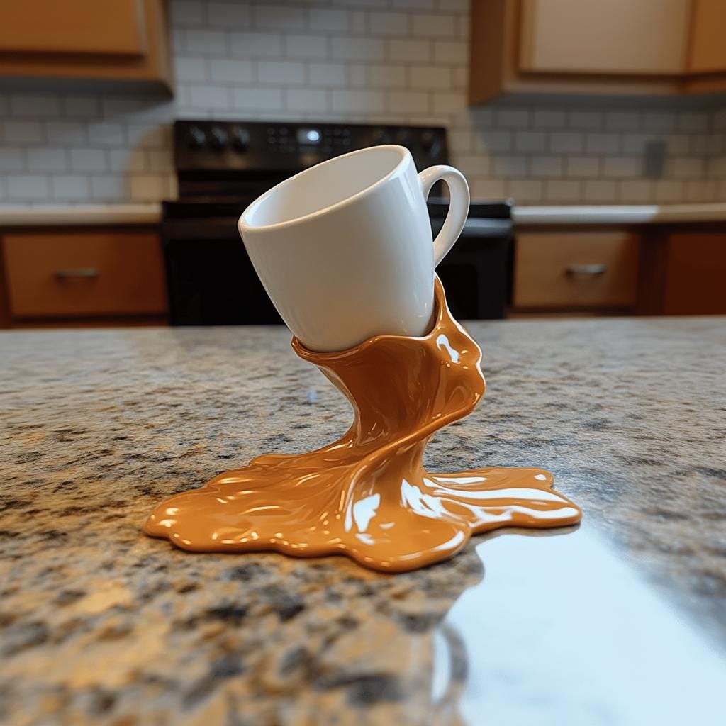 3D printed coffee cup holder with a spilled coffee design on a kitchen countertop