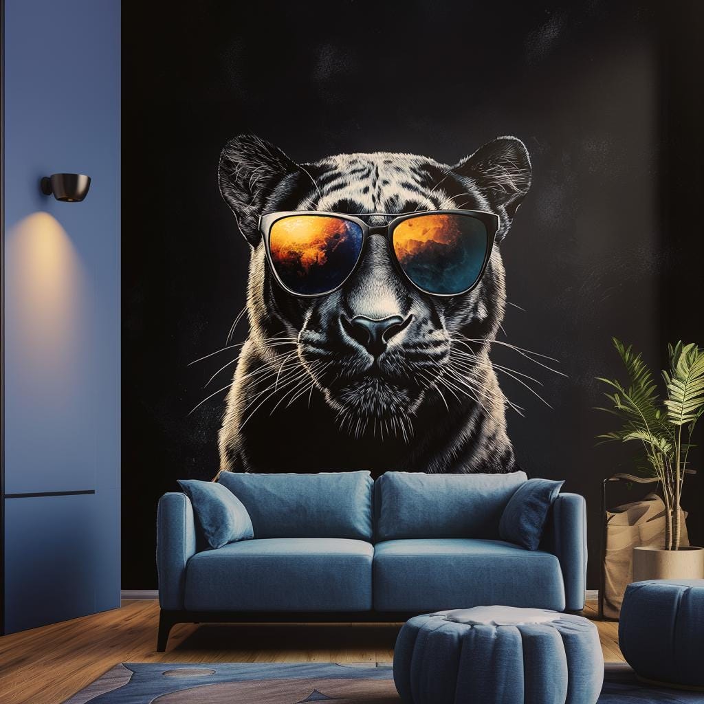 Black panther wall decal with sunglasses on dark background, stylish decor for modern living room or office.