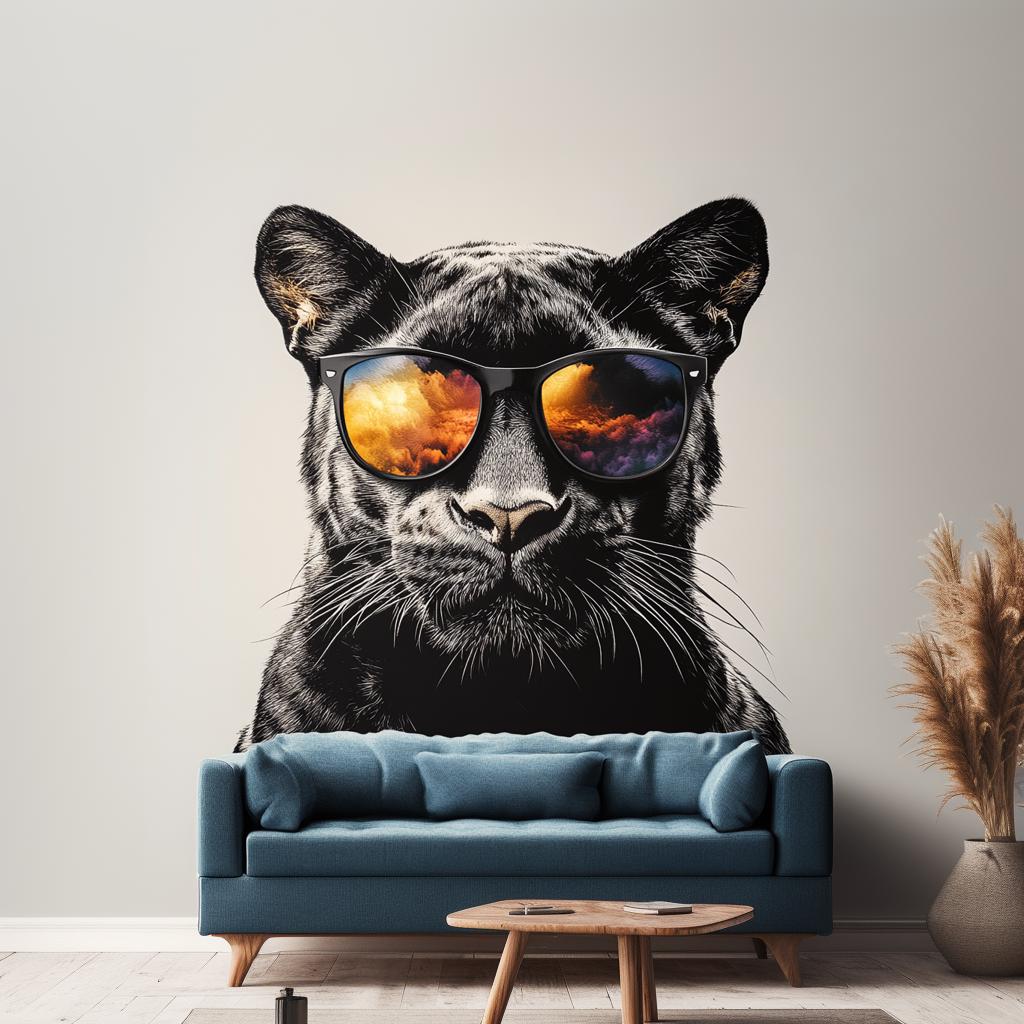 Bold black panther wall decal with sunglasses in modern living room, urban jungle vinyl mural for stylish decor.