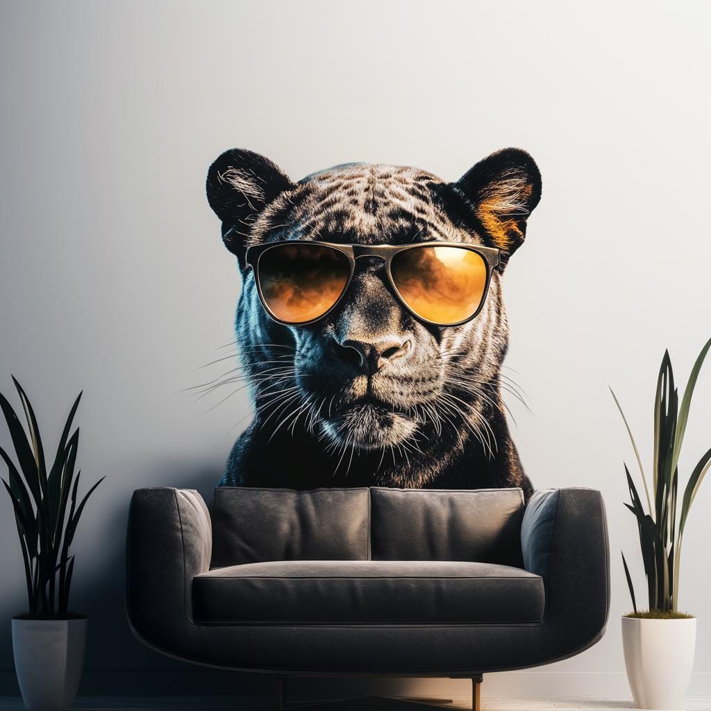 Black Panther Wall Decal | Cool Big Cat Mural with Sunglasses | Urban Jungle Vinyl Sticker | Modern Living Room Office Decor | Peel & Stick