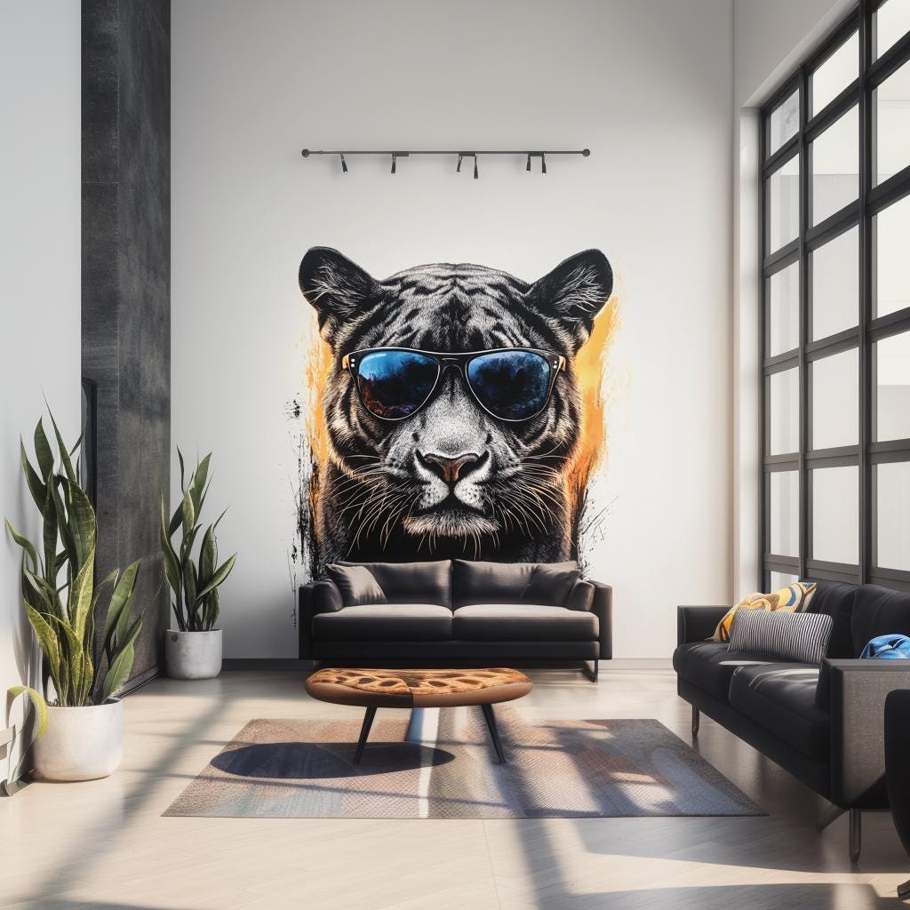 Black panther wall decal in modern living room with sunglasses and urban graffiti style, adding dynamic decor.