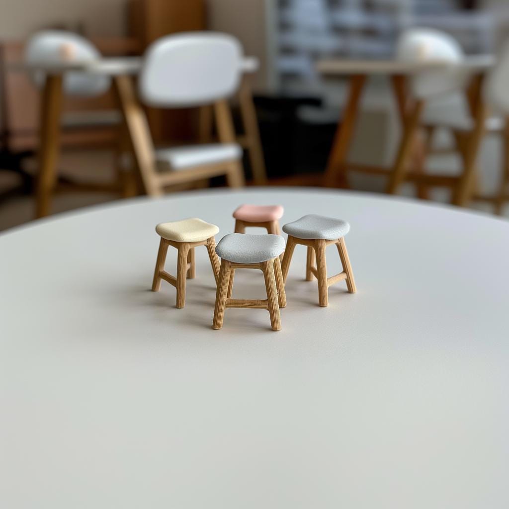 Four colorful 1:12 scale miniature stools on a round table, perfect for dollhouse decor and furniture.