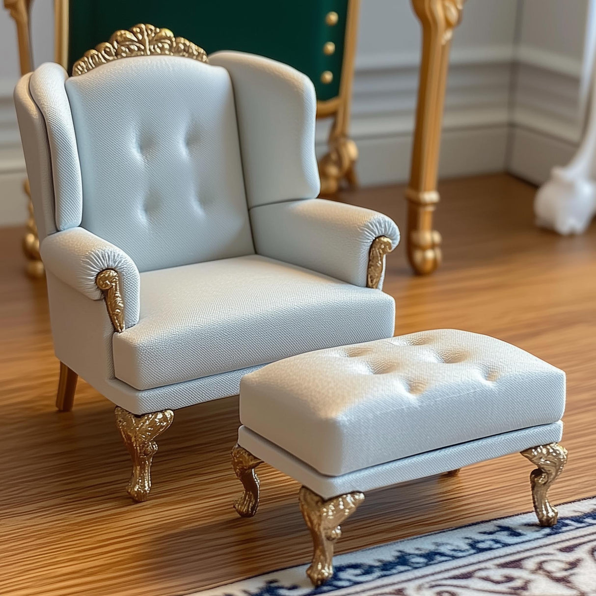1:12 scale Victorian-style miniature sofa and ottoman set with elegant golden legs, perfect for dollhouse decor.