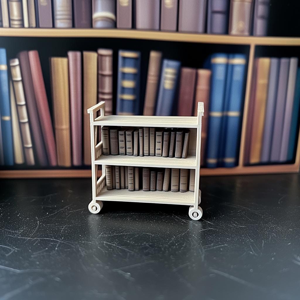 1:12 scale miniature library cart with books, perfect for dollhouse furniture and play