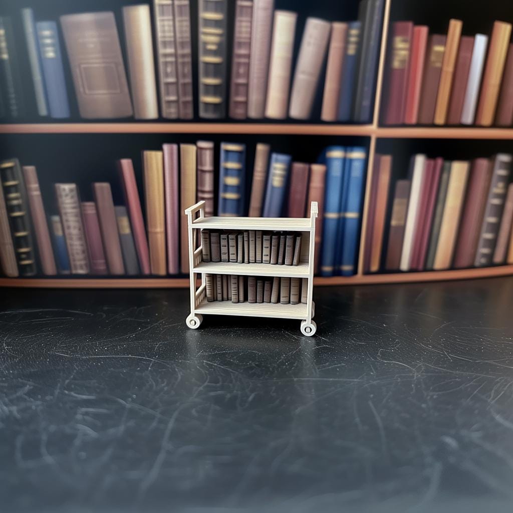 1:12 scale miniature library cart with books on shelves, perfect for dollhouse furniture and decor.