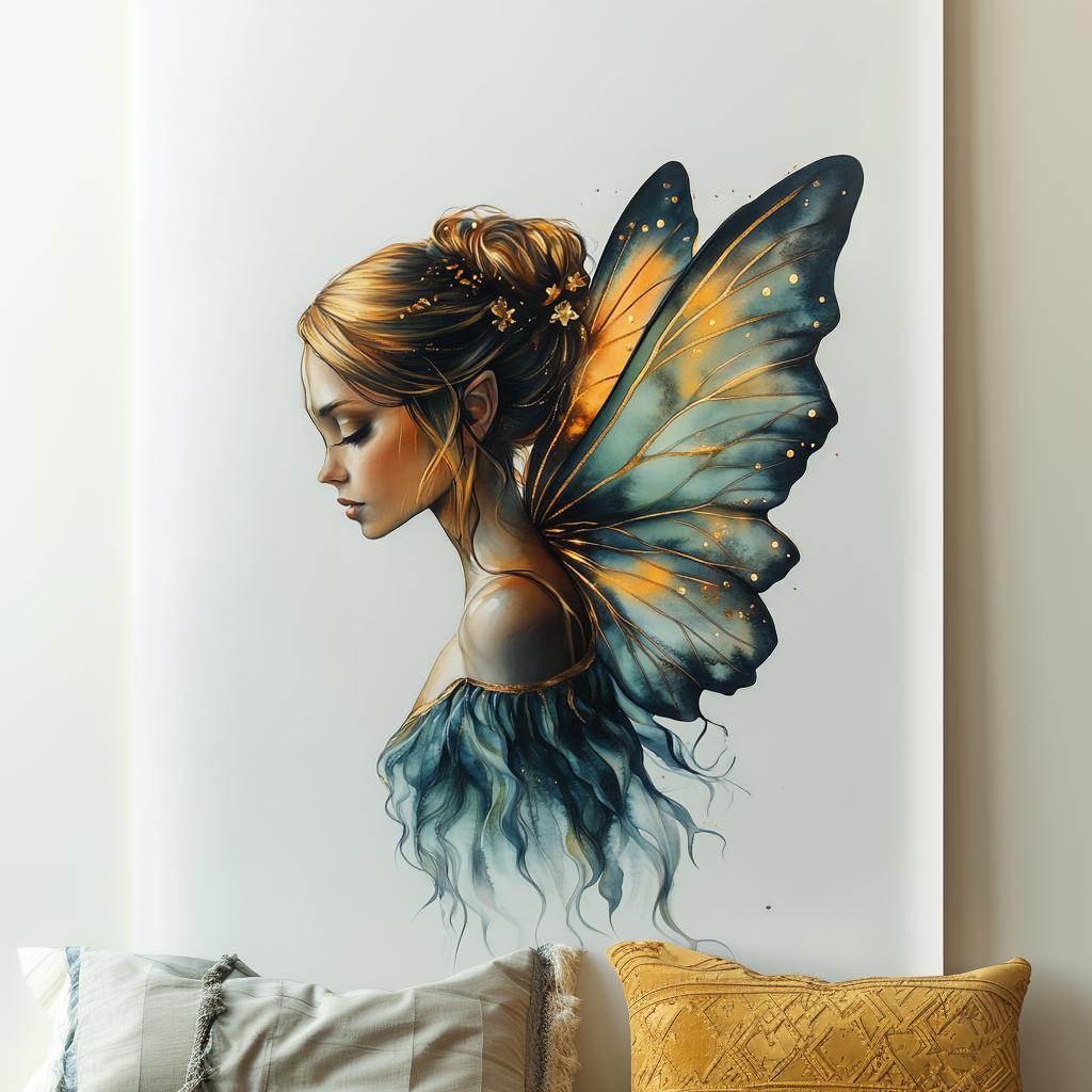 Beautiful fairy wall decal with butterfly wings, perfect for enchanting bedroom decor.