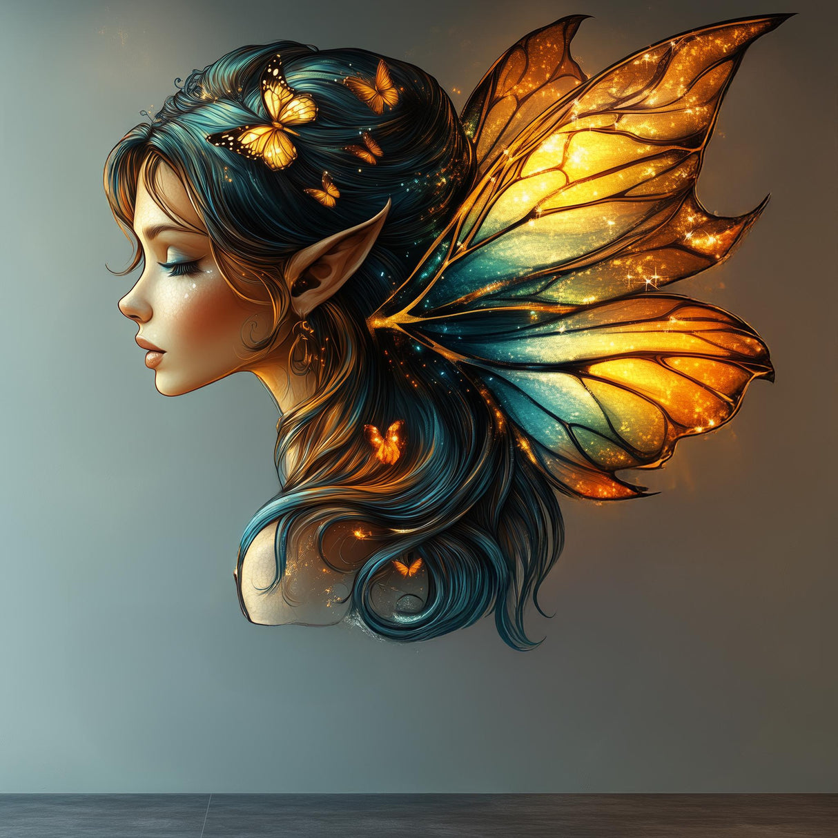 Magical fairy wall decal featuring a mystical elf with glowing butterfly wings, enchanting bedroom decor.
