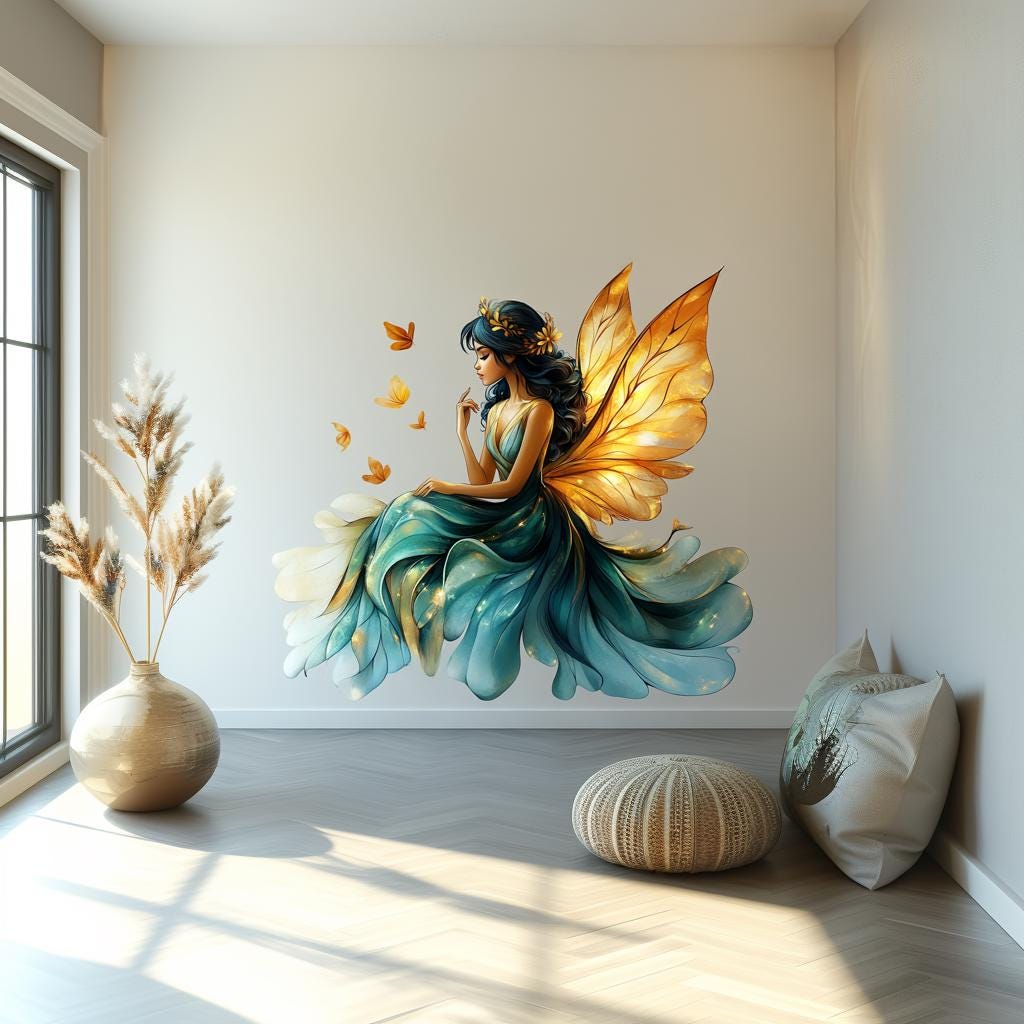 Enchanting fairy wall decal with glowing butterfly wings in a serene room setting.