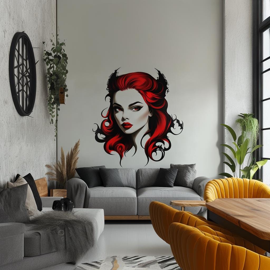 Gothic vampire wall decal of a woman with red hair and bat-winged curls in a stylish living room decor.