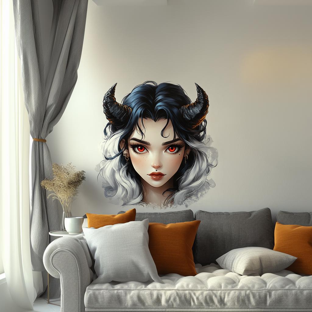 Gothic demon girl wall decal with black and white hair and red eyes, perfect for dark fantasy bedroom decor.