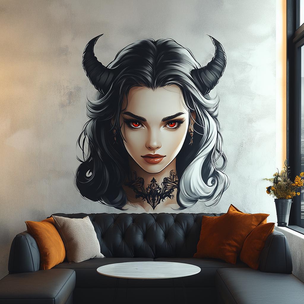 Dark gothic wall decal of a horned woman with red eyes and a gothic tattoo, enhancing alternative home decor.