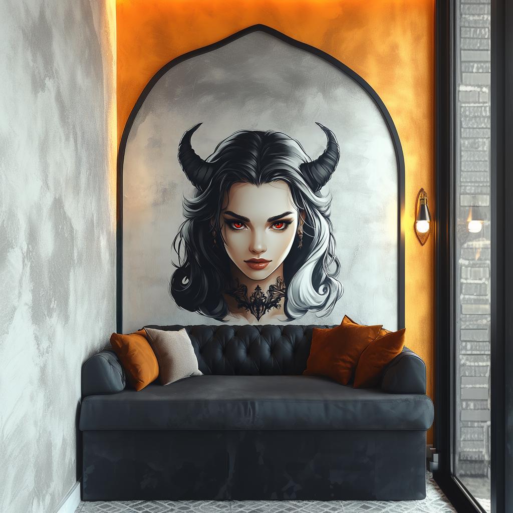 Dark gothic woman wall mural with horns and red eyes above a black sofa in an alternative home decor setting.