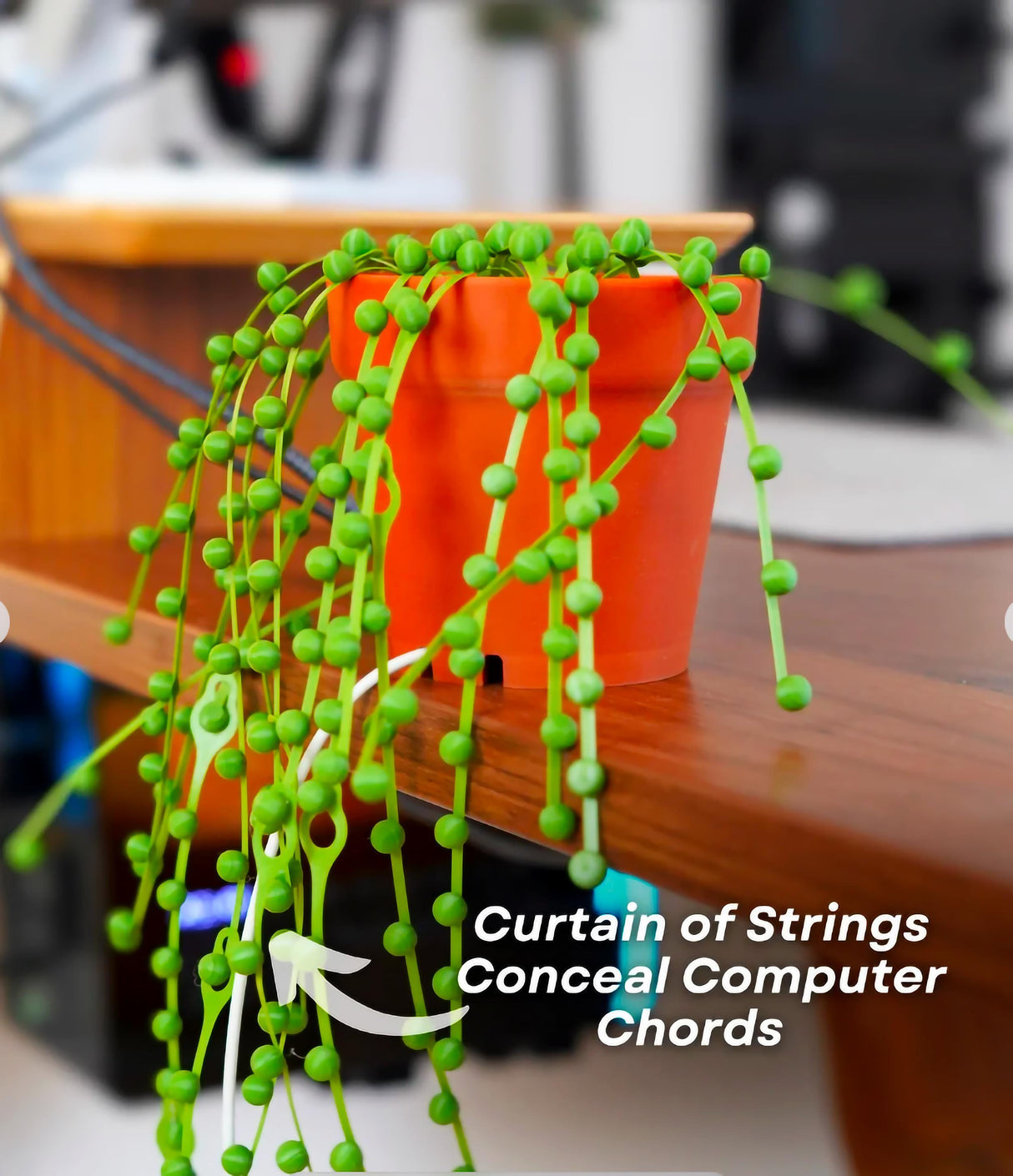 String of Pearls cable organizer disguising computer cords as a decorative plant, showcasing innovative desk cable management.