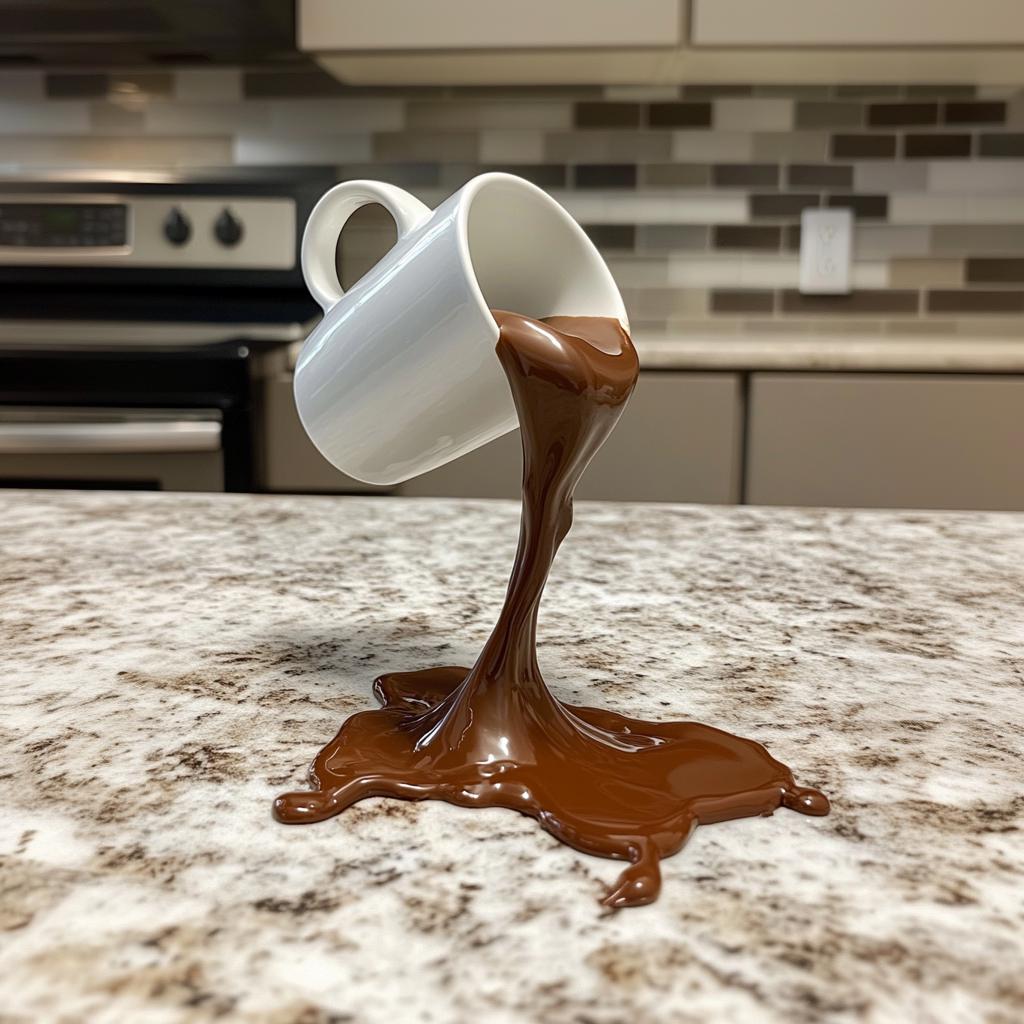 3D printed floating coffee cup sculpture spilling chocolate on a kitchen countertop.