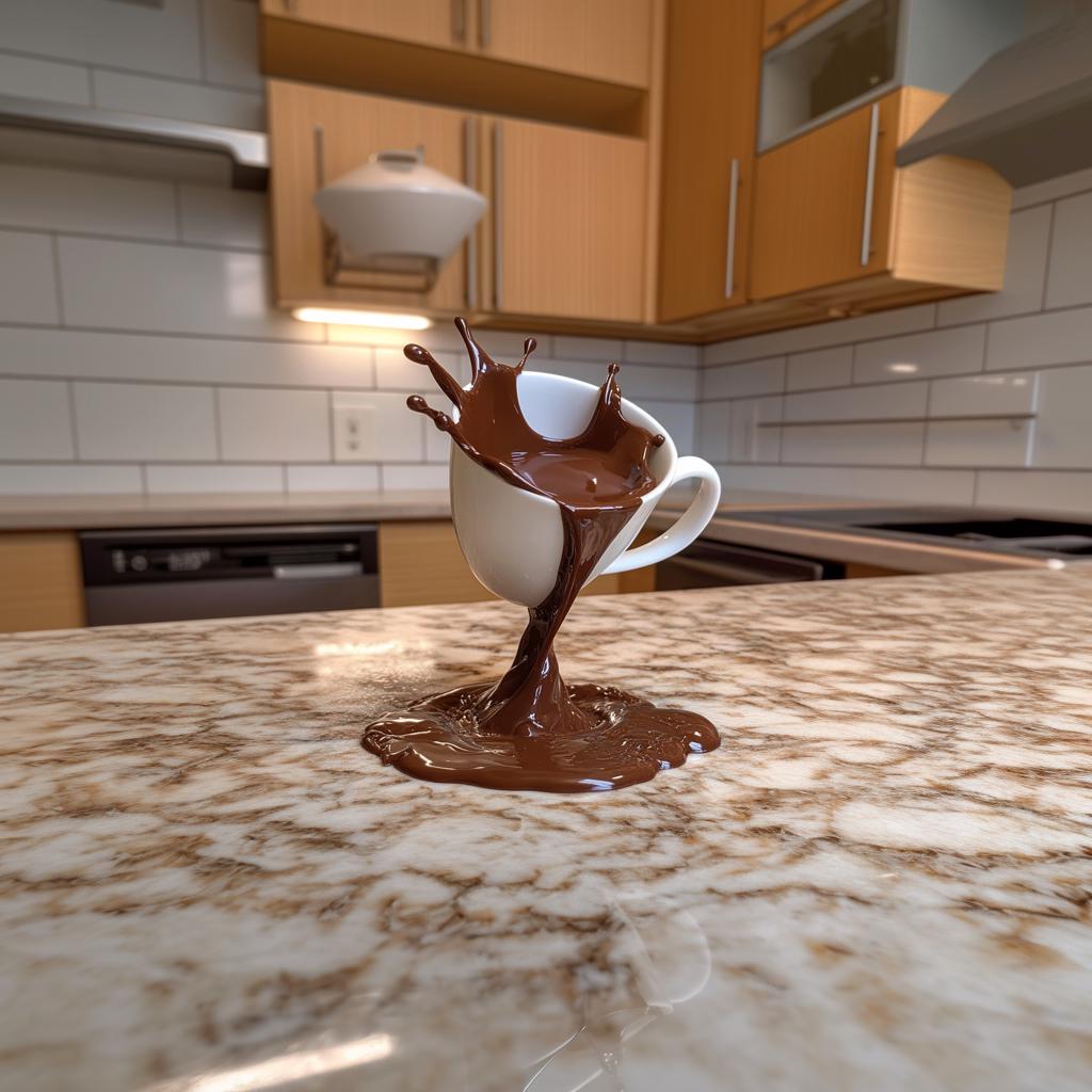 3D printed floating coffee cup sculpture with chocolate splash effect on a kitchen countertop.